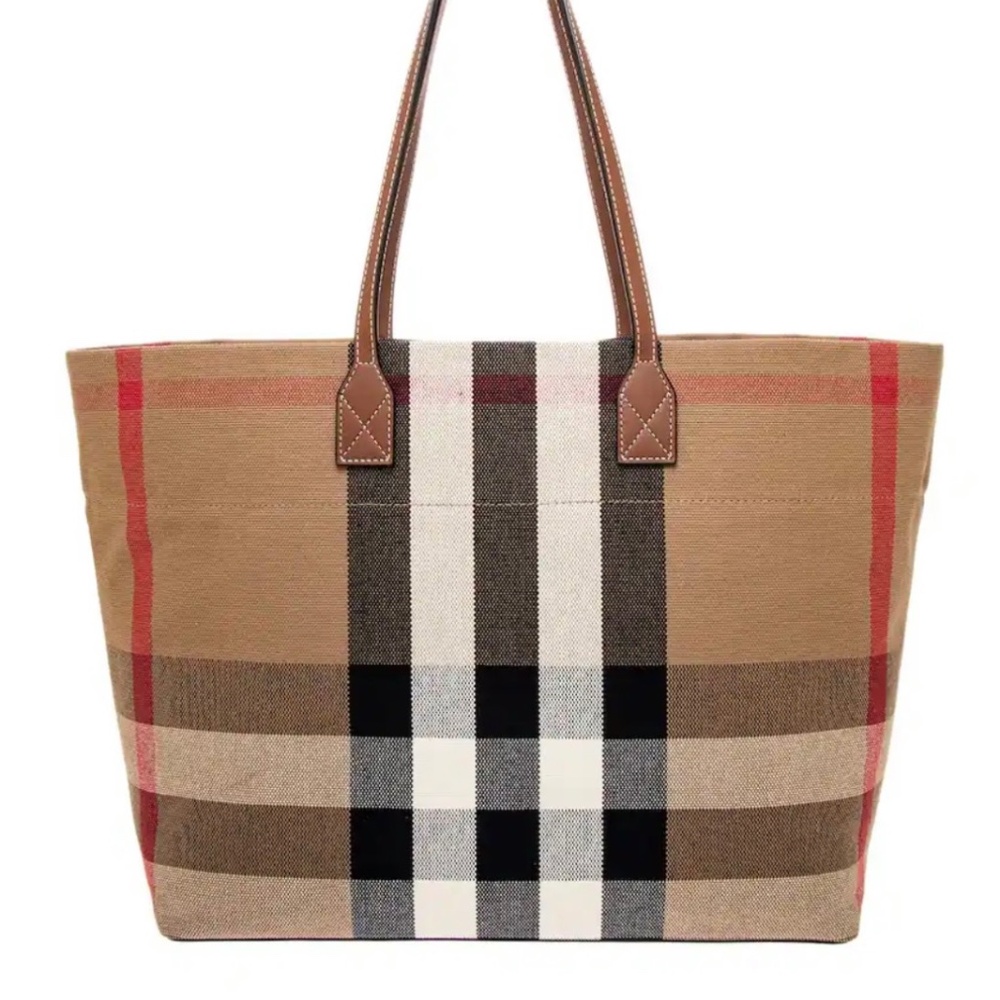 Burberry Tan & Beige Check Canvas Tote with Leather Straps